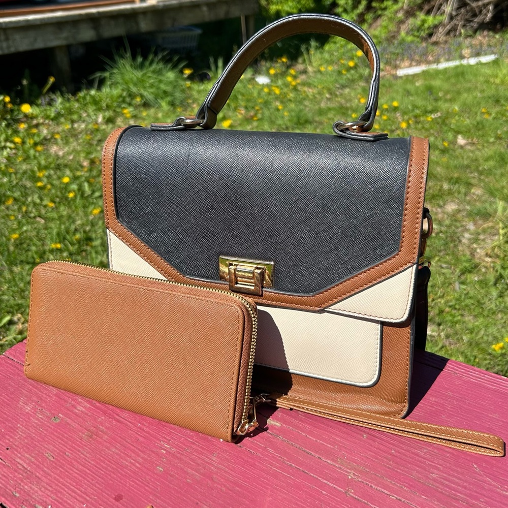 Ardene Square Faux Leather Top-Handle Crossbody Tote Bag and Wallet Brown Black